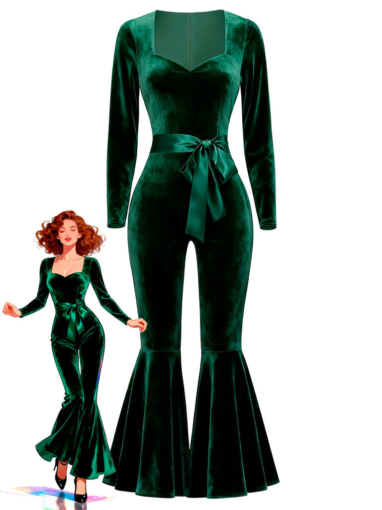 [Prévente] Combinaison évasée en velours col en cœur rose années 1970