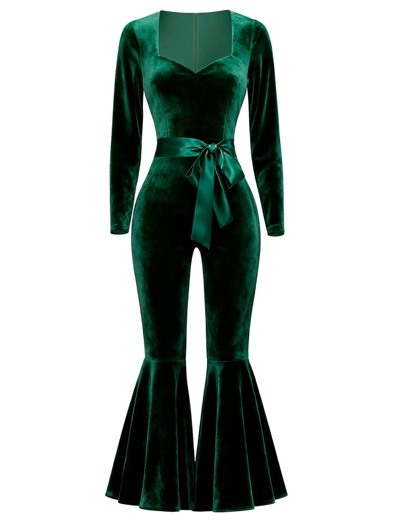 [Prévente] Combinaison évasée en velours col en cœur rose années 1970