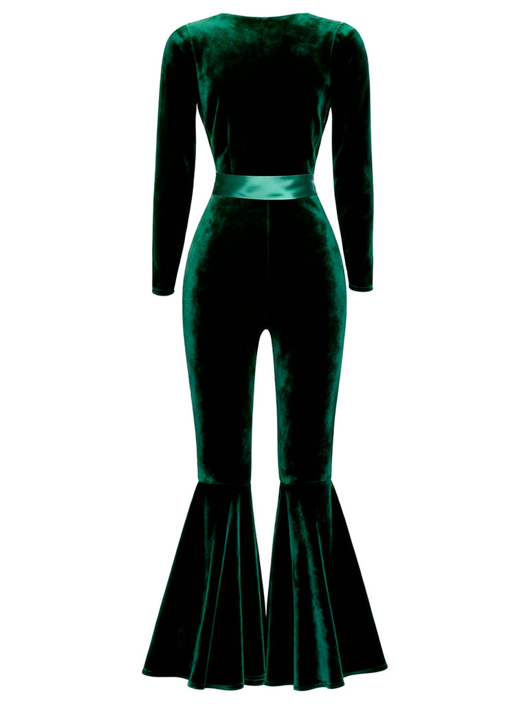 [Prévente] Combinaison évasée en velours col en cœur rose années 1970