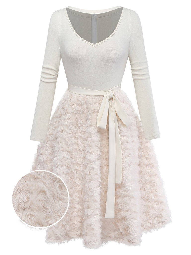 [Prévente] Robe Crème Tricot Jupe Bouclée Faux Fourrure années 1950