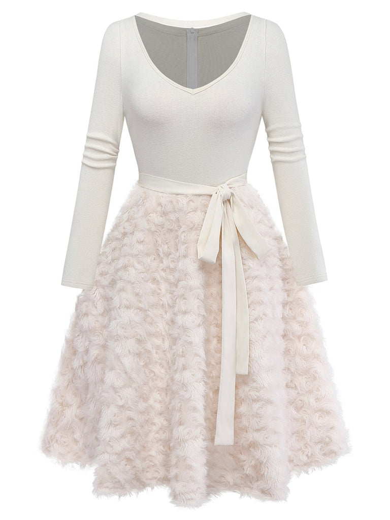 [Prévente] Robe Crème Tricot Jupe Bouclée Faux Fourrure années 1950