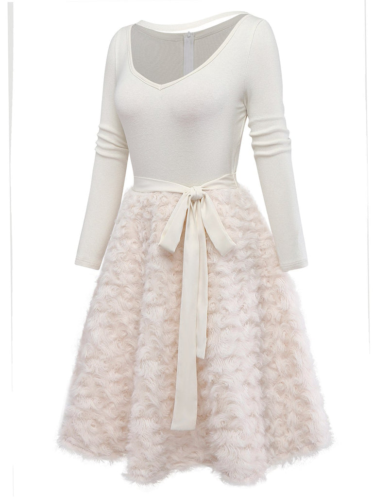 [Prévente] Robe Crème Tricot Jupe Bouclée Faux Fourrure années 1950