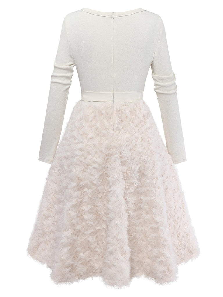 [Prévente] Robe Crème Tricot Jupe Bouclée Faux Fourrure années 1950