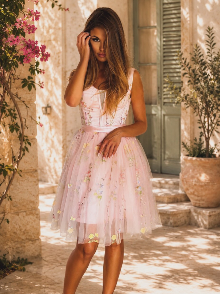 Robe courte verte en dentelle florale brodée années 1970