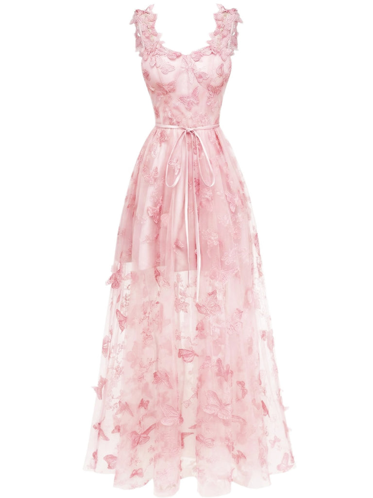 Robe Maxi Bretelles Épaghetti Papillons 3D Maille Années 1930