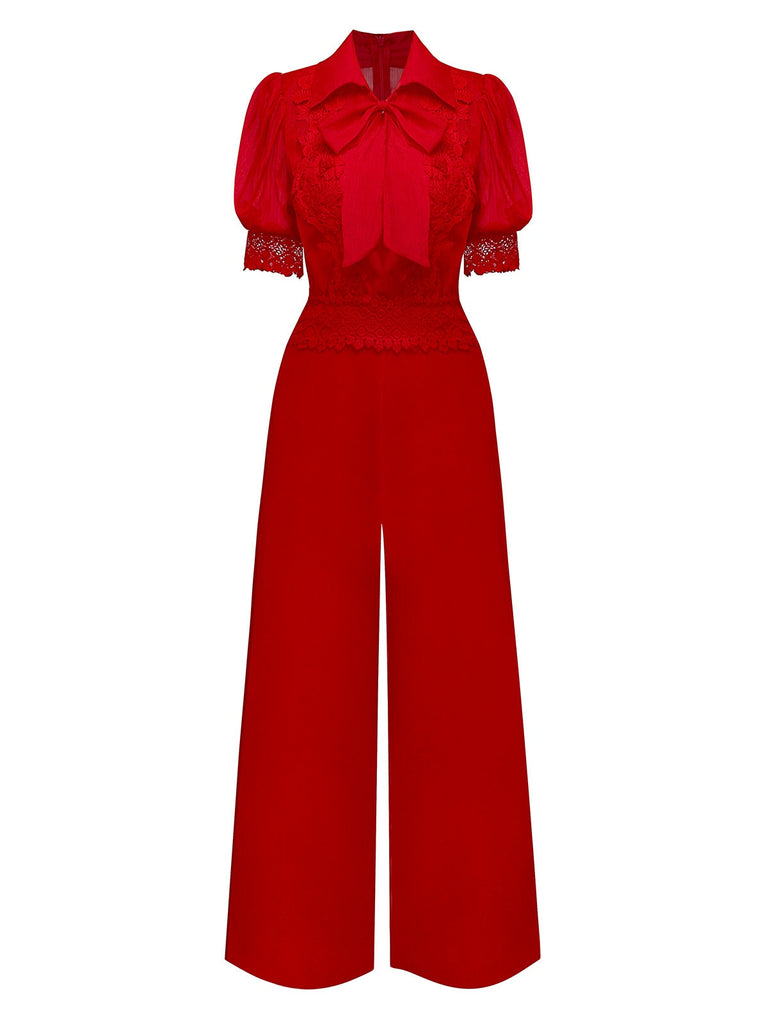 Combinaison à revers uni col en dentelle florale et nœud années 1950