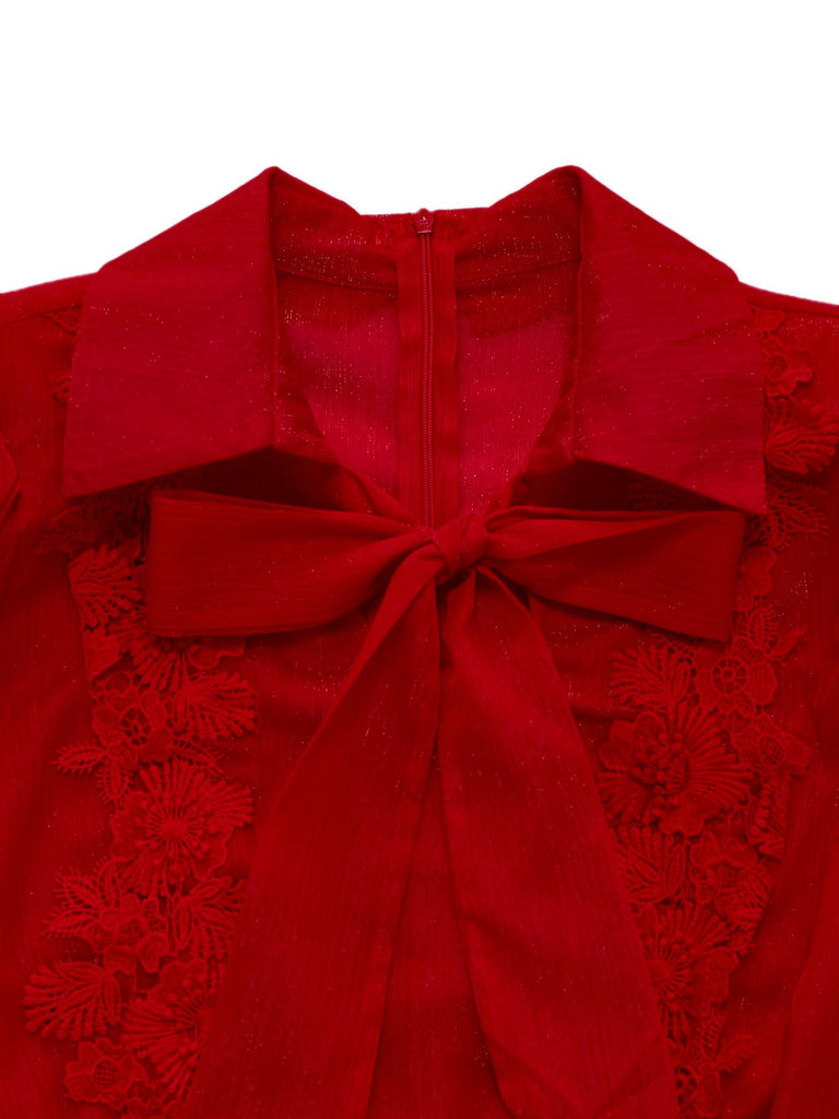 Combinaison à revers uni col en dentelle florale et nœud années 1950