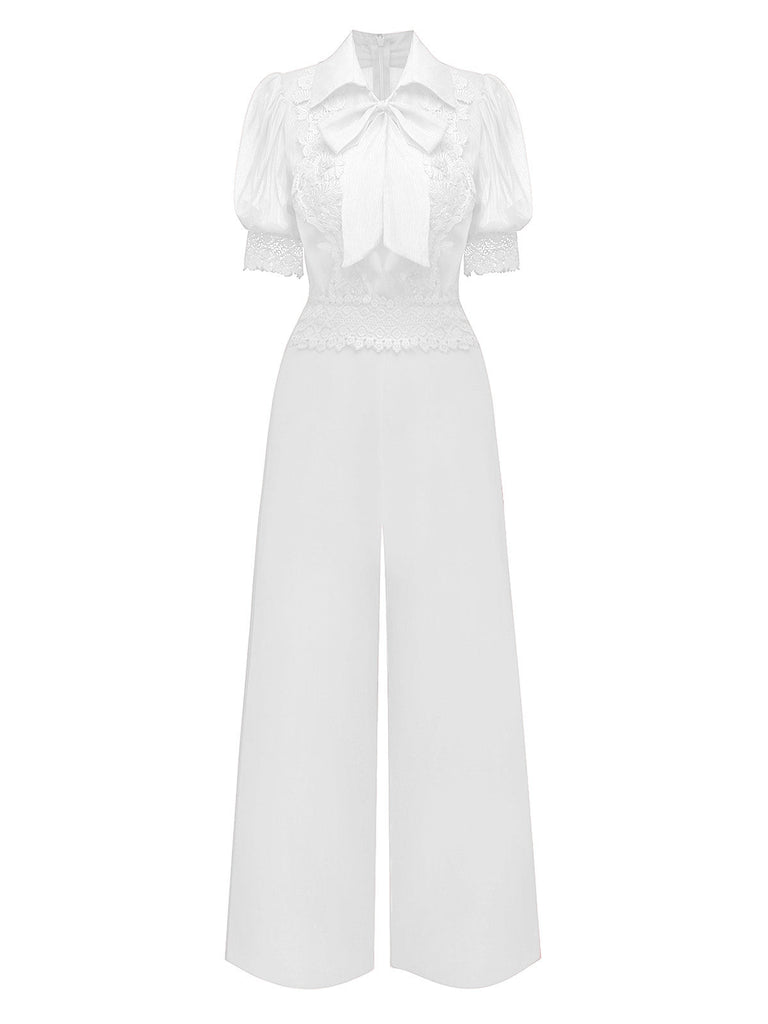 Combinaison à revers uni col en dentelle florale et nœud années 1950