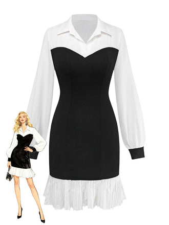 Robe plissée à revers bicolore noir et blanc des années 1960