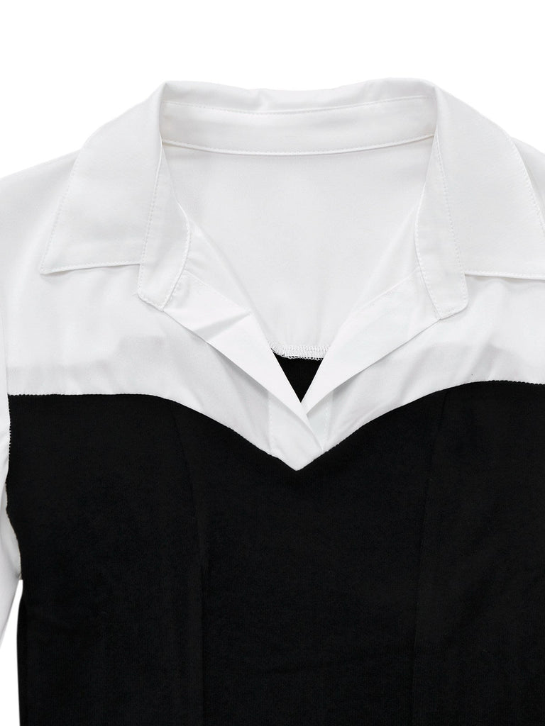 Robe plissée à revers bicolore noir et blanc des années 1960