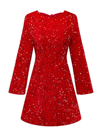 Robe à paillettes rouge manches longues col rond avec nœud des années 1960
