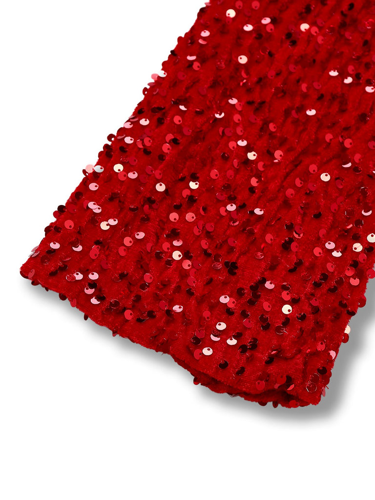 Robe à paillettes rouge manches longues col rond avec nœud des années 1960