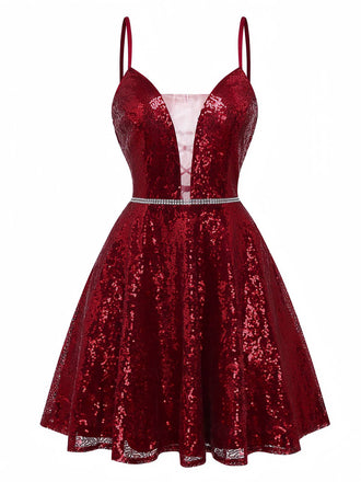 Robe en maille à paillettes col décolleté en V profond rouge vin des années 1950