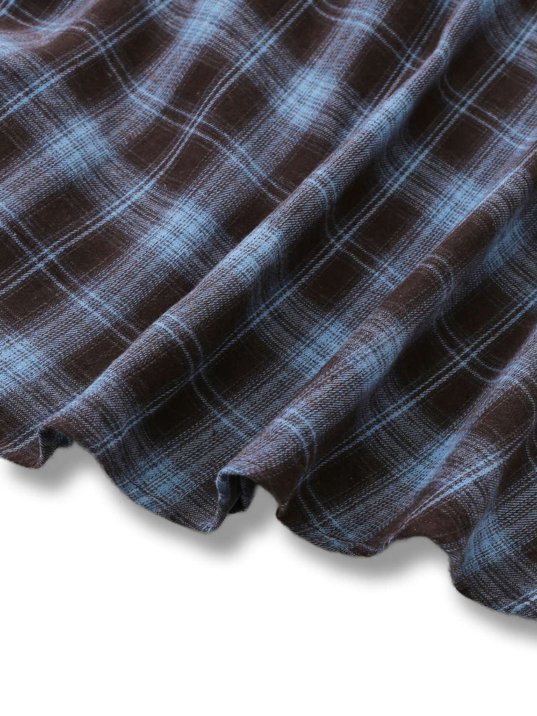[Prévente] Robe à carreaux bleu-gris col cœur manches lanterne des années 40