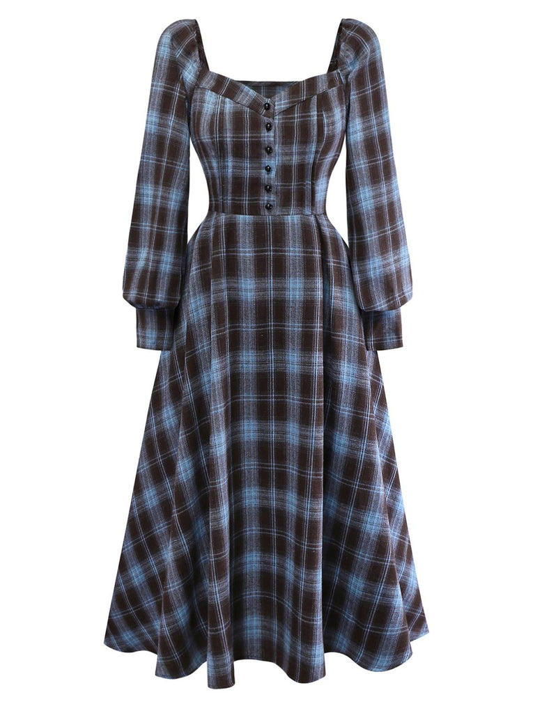 [Prévente] Robe à carreaux bleu-gris col cœur manches lanterne des années 40