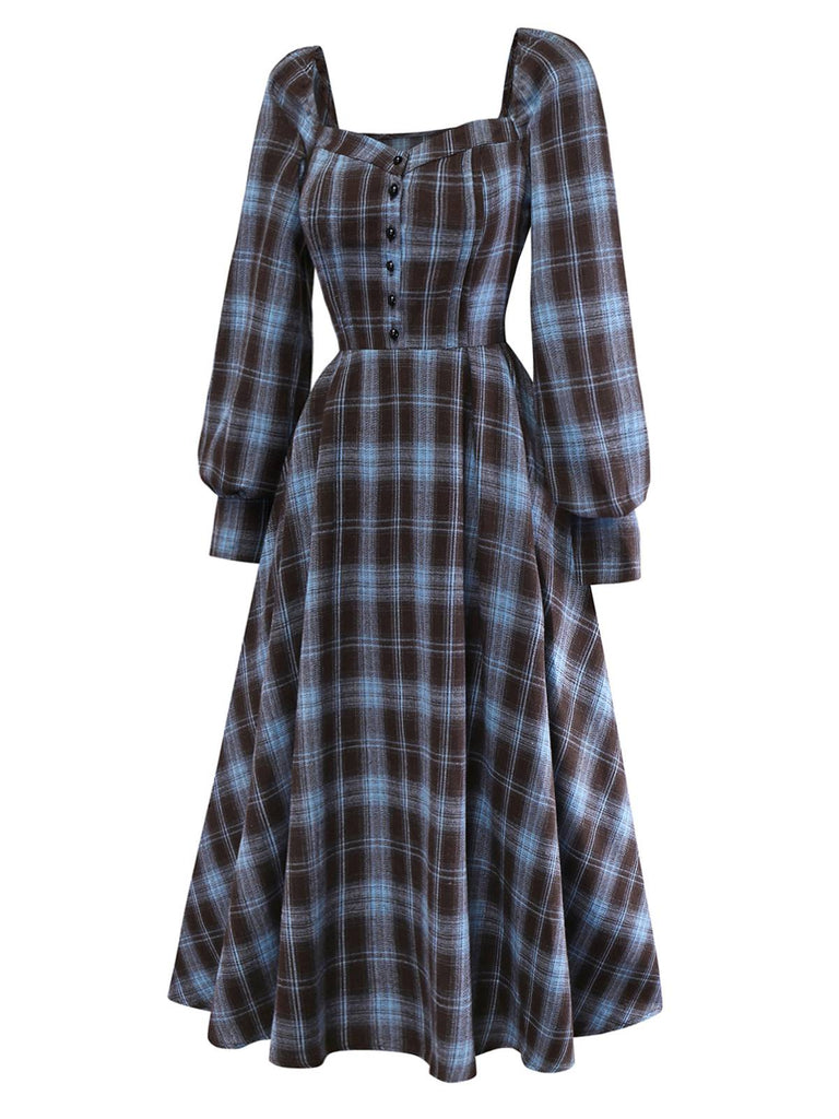 [Prévente] Robe à carreaux bleu-gris col cœur manches lanterne des années 40