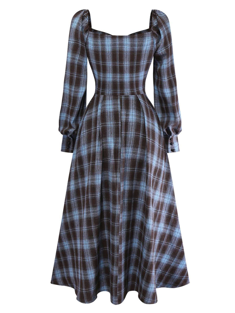 [Prévente] Robe à carreaux bleu-gris col cœur manches lanterne des années 40