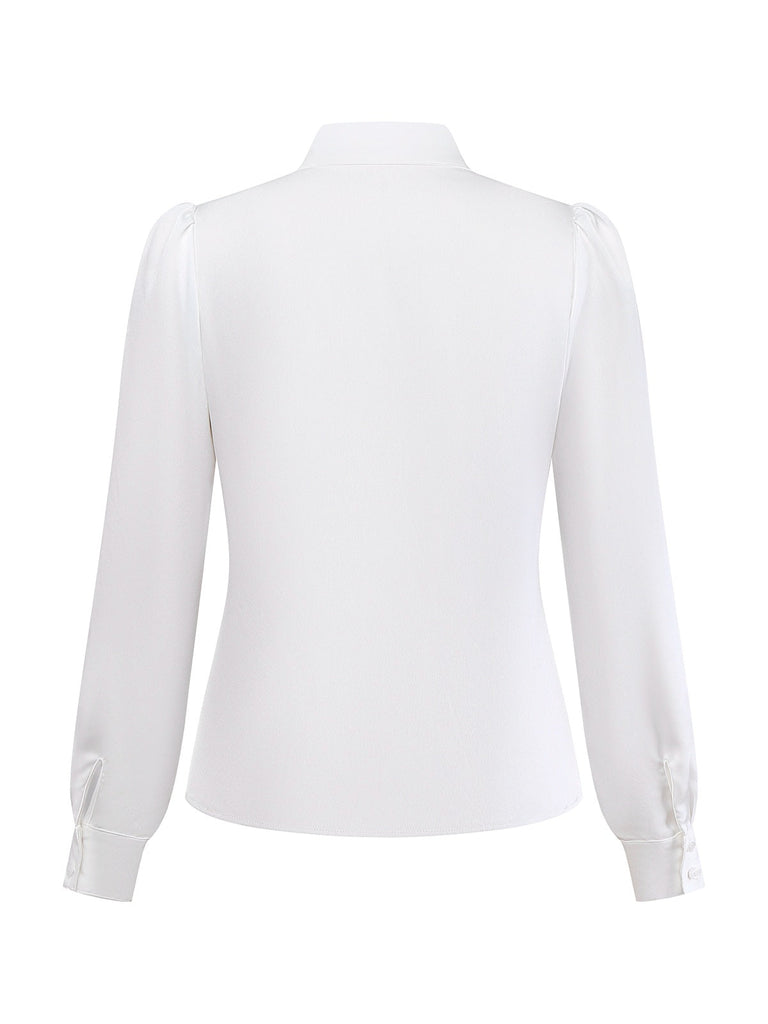 Chemisier blanc en satin à col noué des années 1940