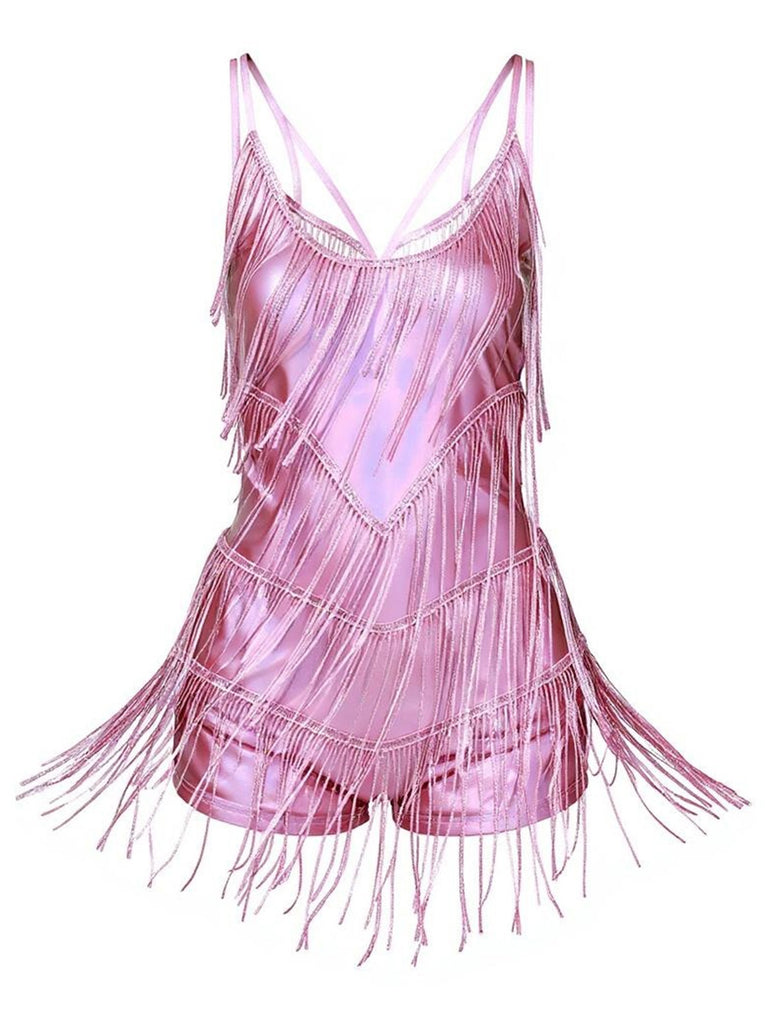 Combishort latine unie à bretelles et pompons des années 1960