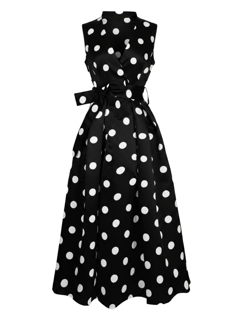 Robe cache-cœur à pois ceinturée et col en V années 1950