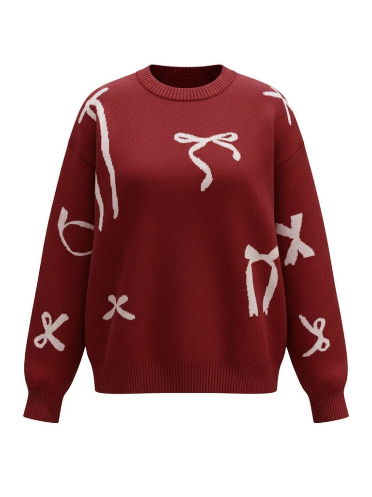 Pull rouge bordeaux motif nœud papillon années 1950