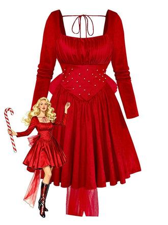 Robe rouge en velours ornée de perles et de tulle froncé avec nœud années 1950