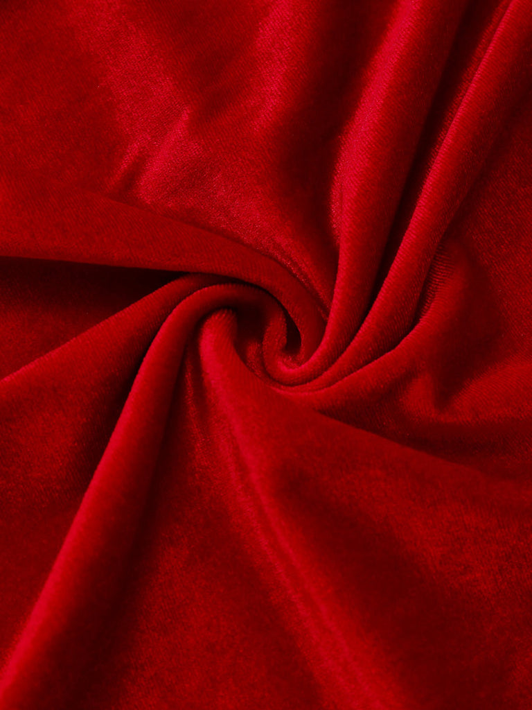 Robe rouge en velours ornée de perles et de tulle froncé avec nœud années 1950