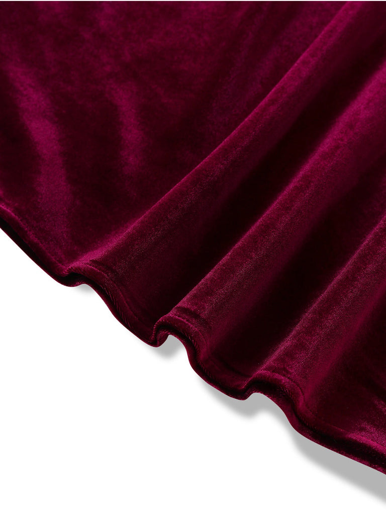 Robe rouge en velours à col volanté et manches lanternes années 1950