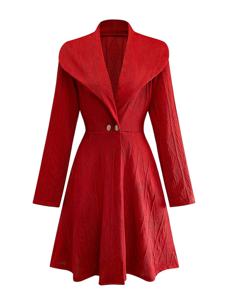 Robe boutonnée à gros col en V en maille unie des années 1940