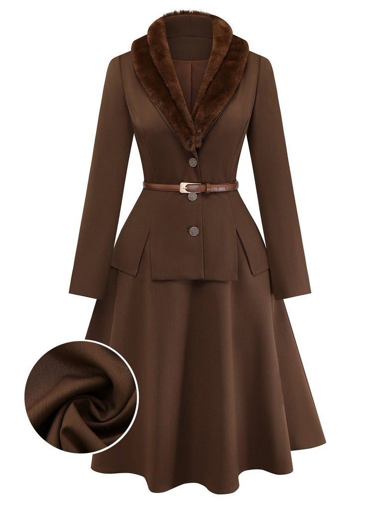 [Prévente] 2PCS veste marron à double col en fausse fourrure et jupe trapèze années 40