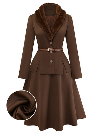 [Prévente] 2PCS veste marron à double col en fausse fourrure et jupe trapèze années 40