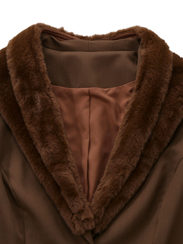 [Prévente] 2PCS veste marron à double col en fausse fourrure et jupe trapèze années 40