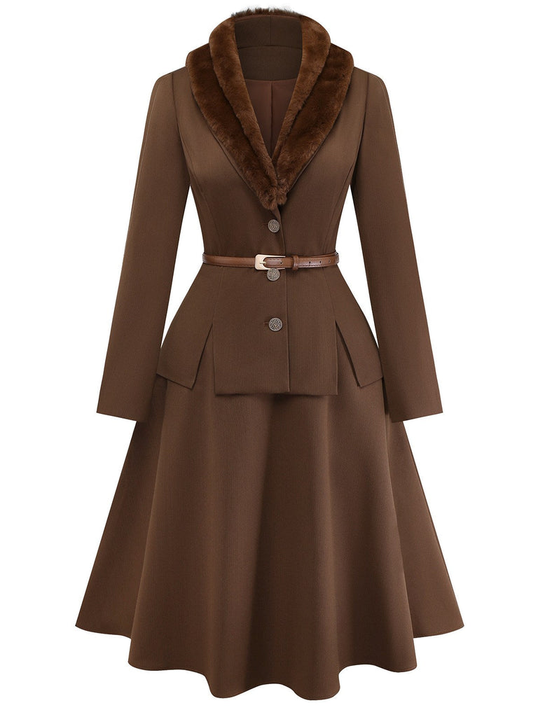 [Prévente] 2PCS veste marron à double col en fausse fourrure et jupe trapèze années 40
