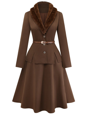 [Prévente] 2PCS veste marron à double col en fausse fourrure et jupe trapèze années 40