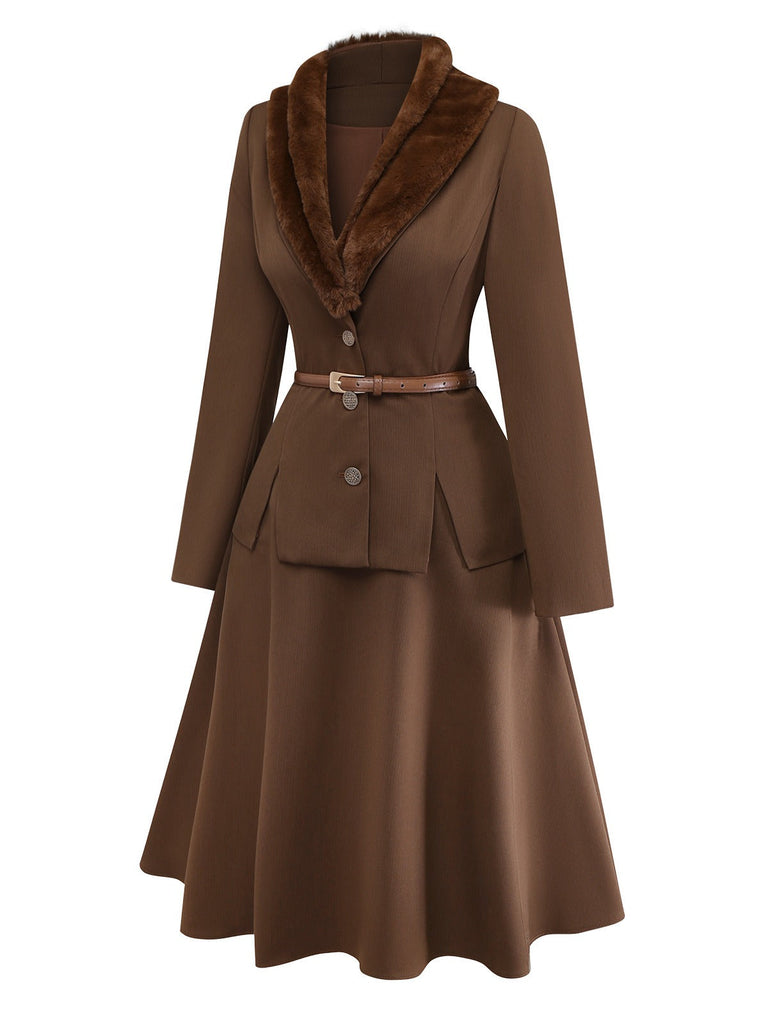 [Prévente] 2PCS veste marron à double col en fausse fourrure et jupe trapèze années 40