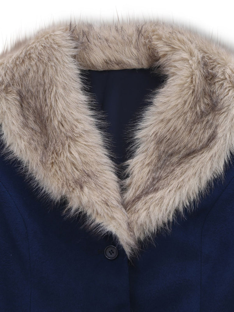 [Prévente] Manteau bleue doublé de fausse fourrure et ceinturé années 1960