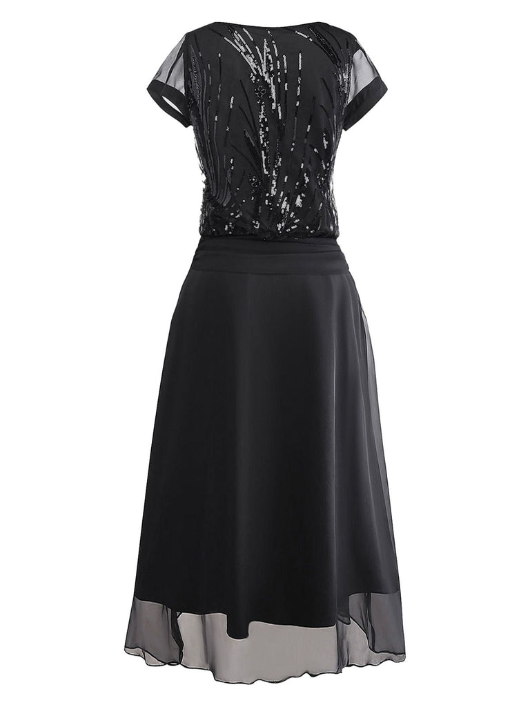[Prévente] Robe noire à sequins et perles ourlet asymétrique années 1920