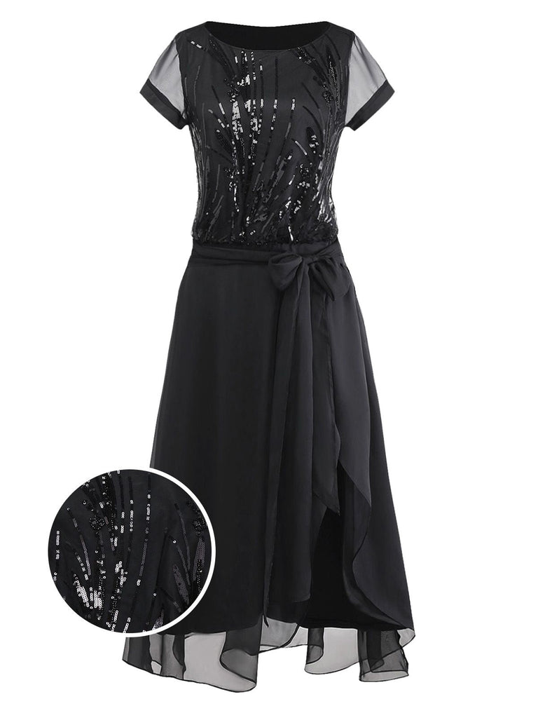 [Prévente] Robe noire à sequins et perles ourlet asymétrique années 1920