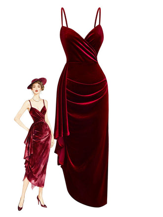 Robe en velours rouge bordeaux à ourlet volanté années 1930