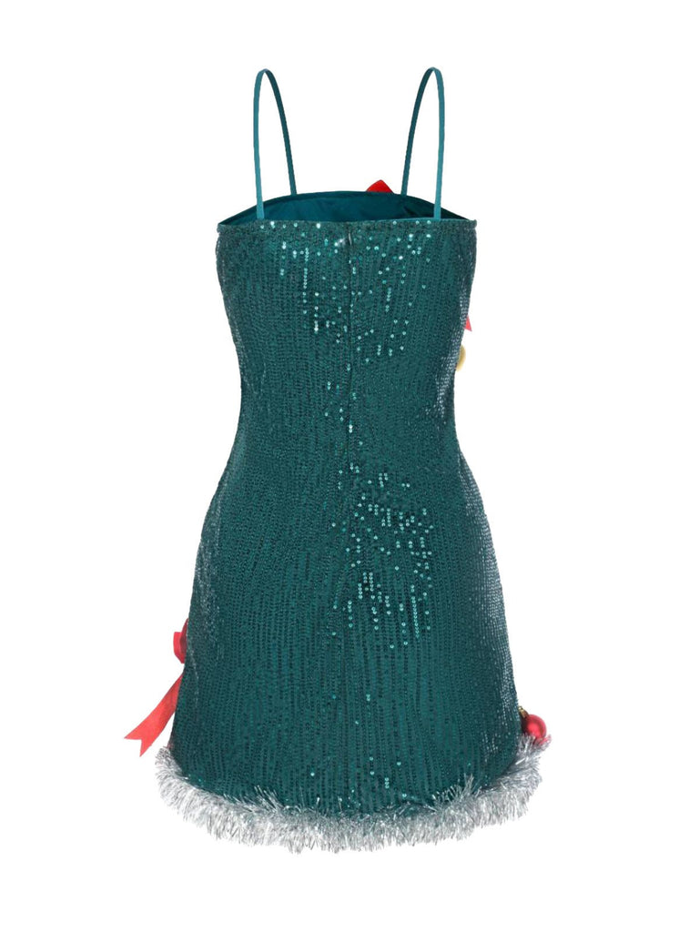 Robe verte à paillettes avec nœud et clochettes de Noël des années 1960