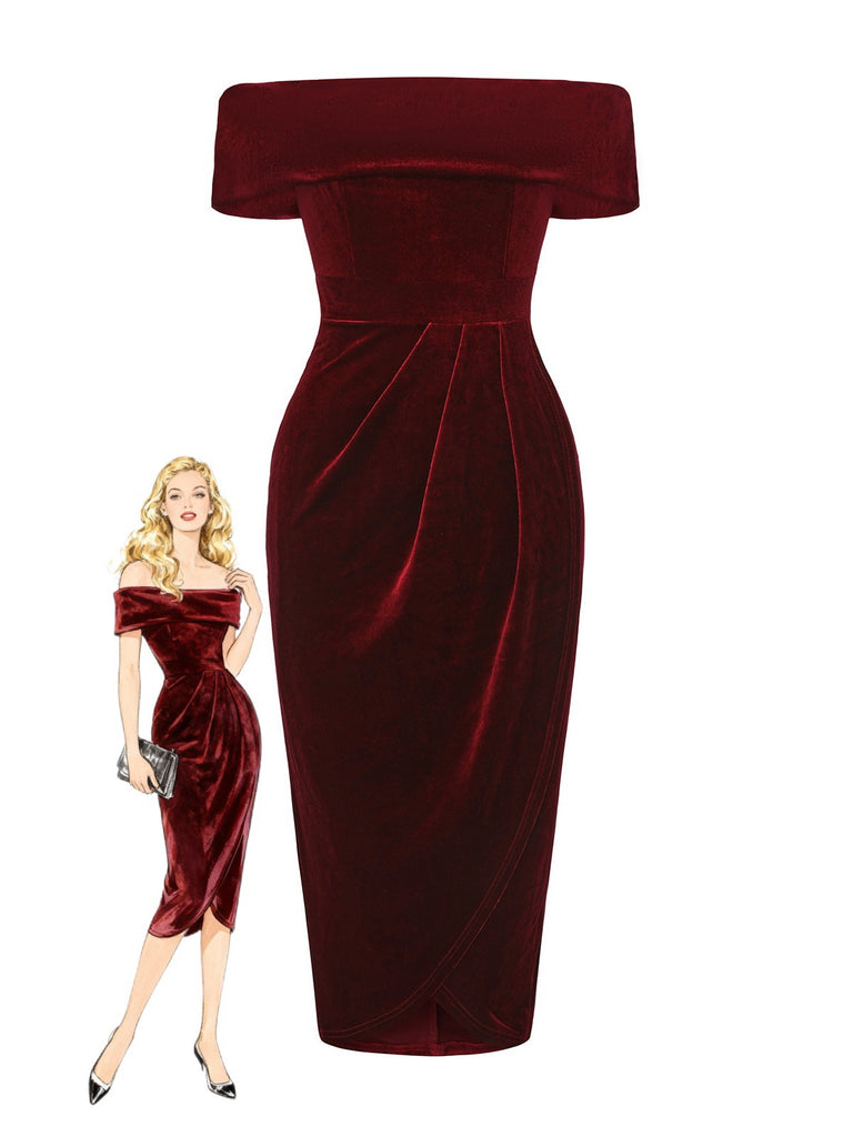 Robe mi-longue à épaules dénudées en velours uni des années 1980