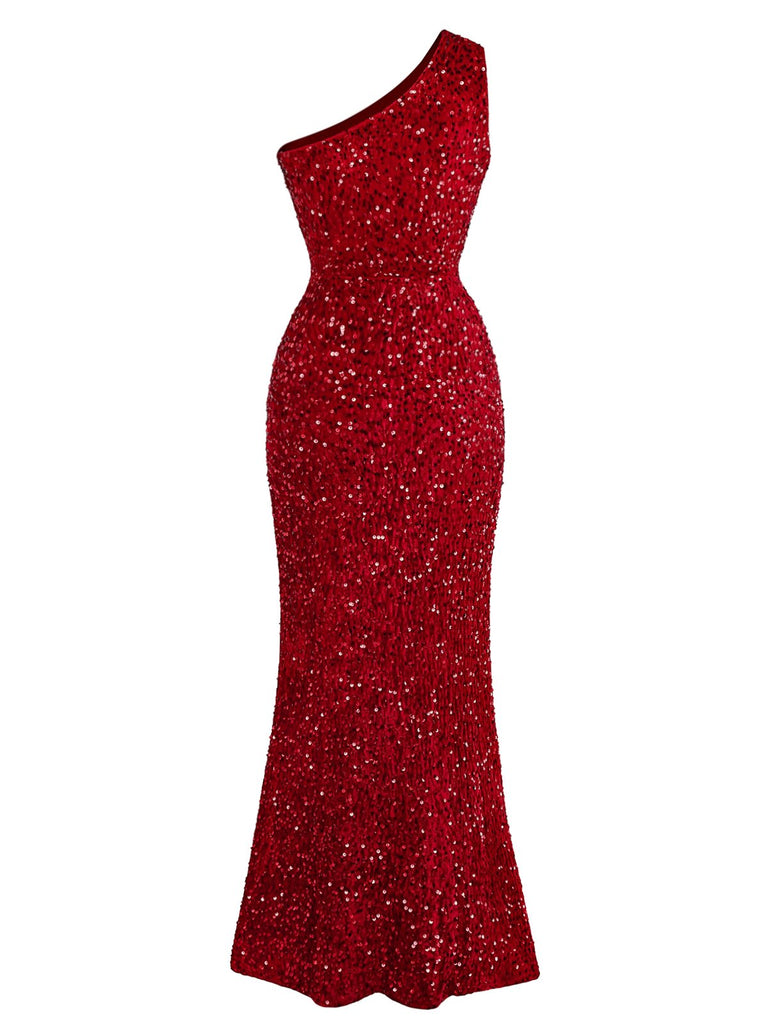 Robe moulante rouge à paillettes une épaule et fente des années 1930