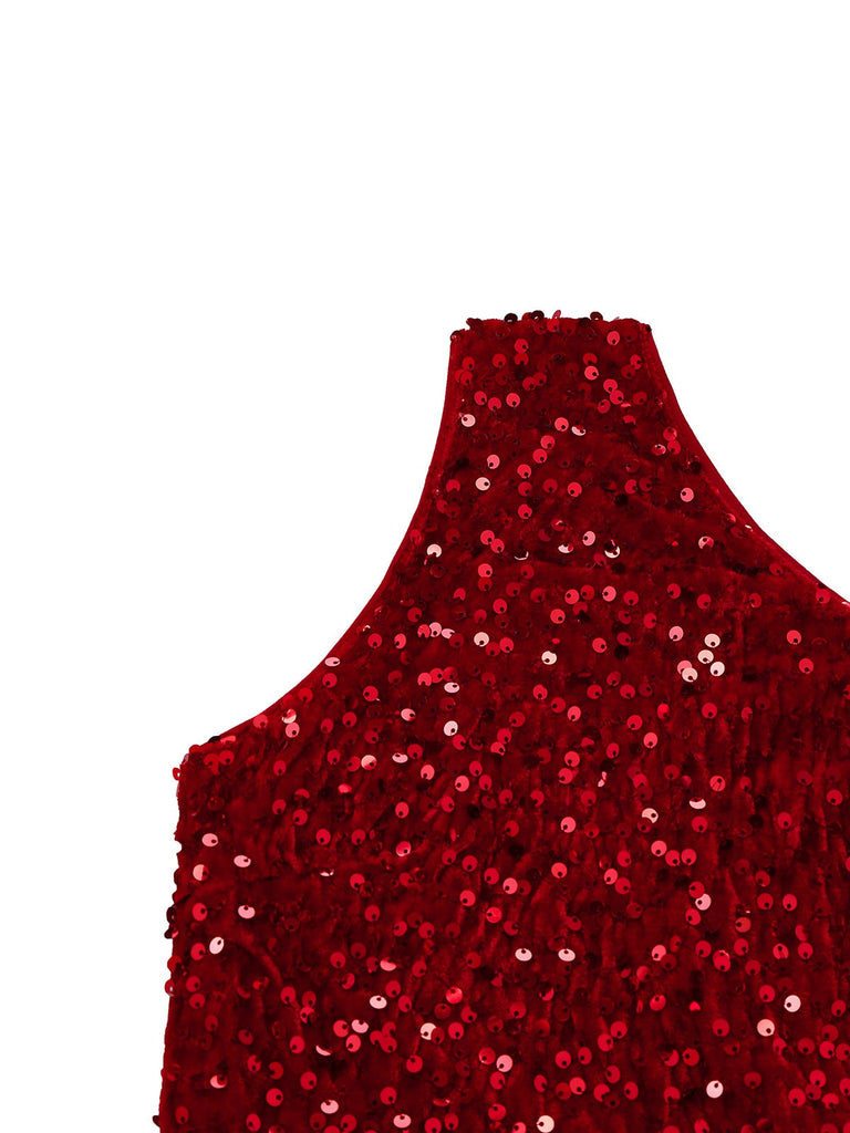 Robe moulante rouge à paillettes une épaule et fente des années 1930