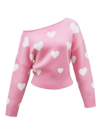 Pull épaules obliques et motif flocon de neige de Noël Rose années 1970