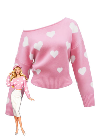 Pull épaules obliques et motif flocon de neige de Noël Rose années 1970