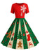 Robe trapèze rouge et verte motif flocon de neige des années 1950