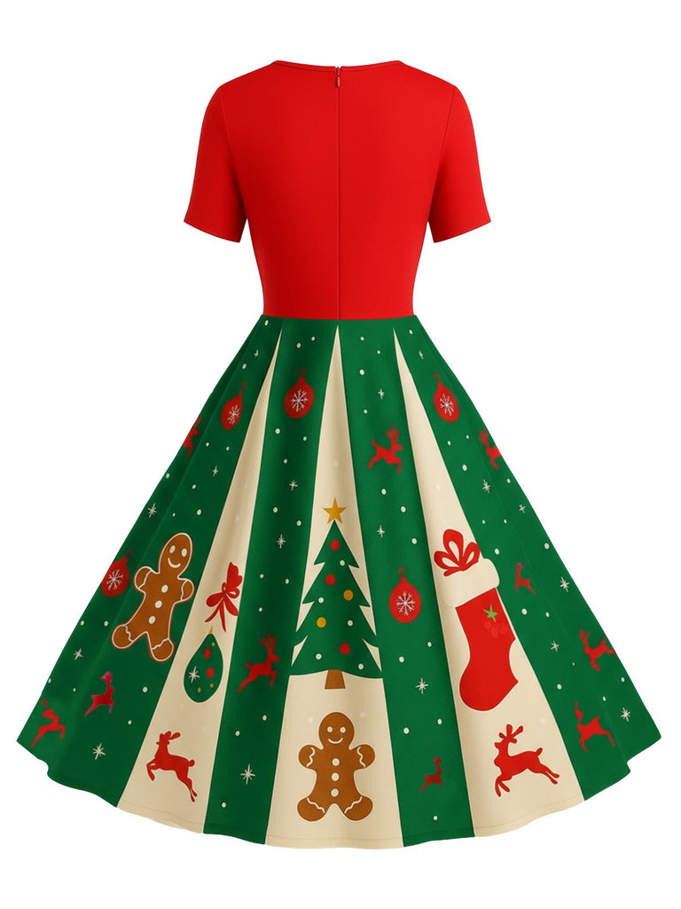 Robe trapèze rouge et verte motif flocon de neige des années 1950