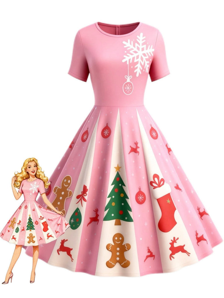 Robe trapèze rose motif flocon de neige des années 1950