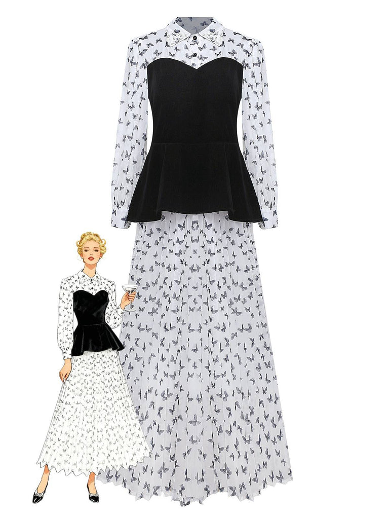 Robe mi-longue blanche à corset en velours plissé et perles papillon des années 1980