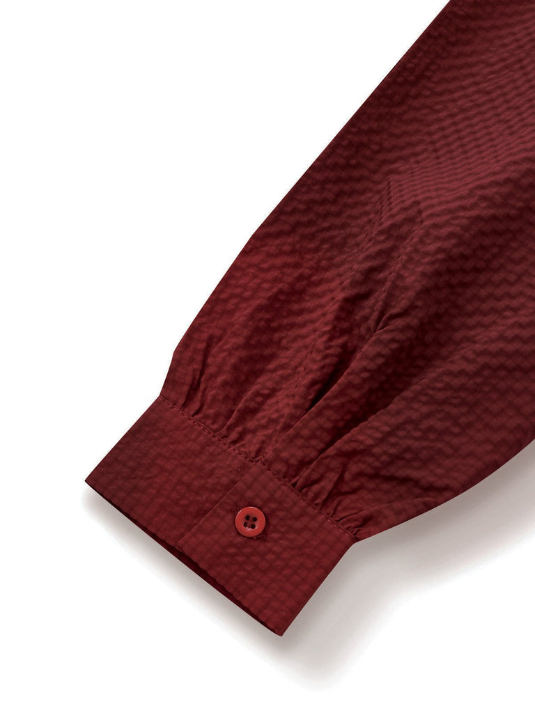 [Prévente] Robe rouge bordeaux col à nœud et patchwork en cuir années 1940